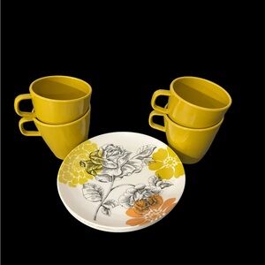 Vintage Allied Chemical Melamine 70s Harvest Floral Set of 4 Small Plates & Cups
